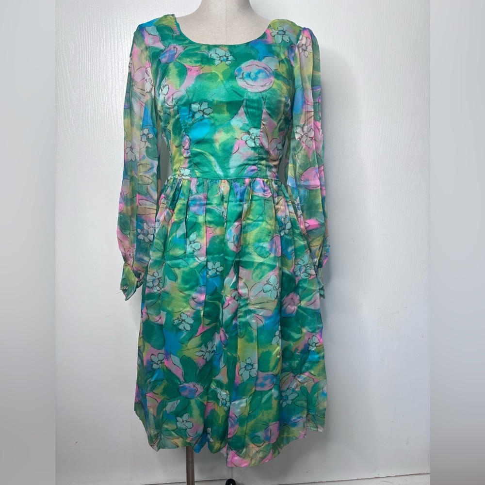 Vtg 90s Watercolor Floral Sheer Sleeve Dress Fit & Flare Green Pink Blue
